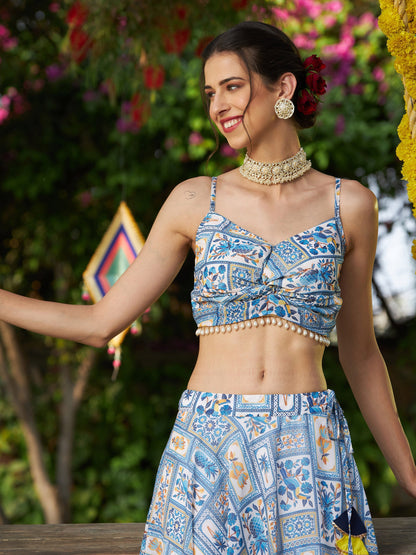 Blue Floral Strappy Crop Top With Bias Flared Skirt