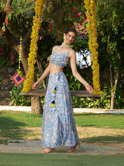 Blue Floral Strappy Crop Top With Bias Flared Skirt