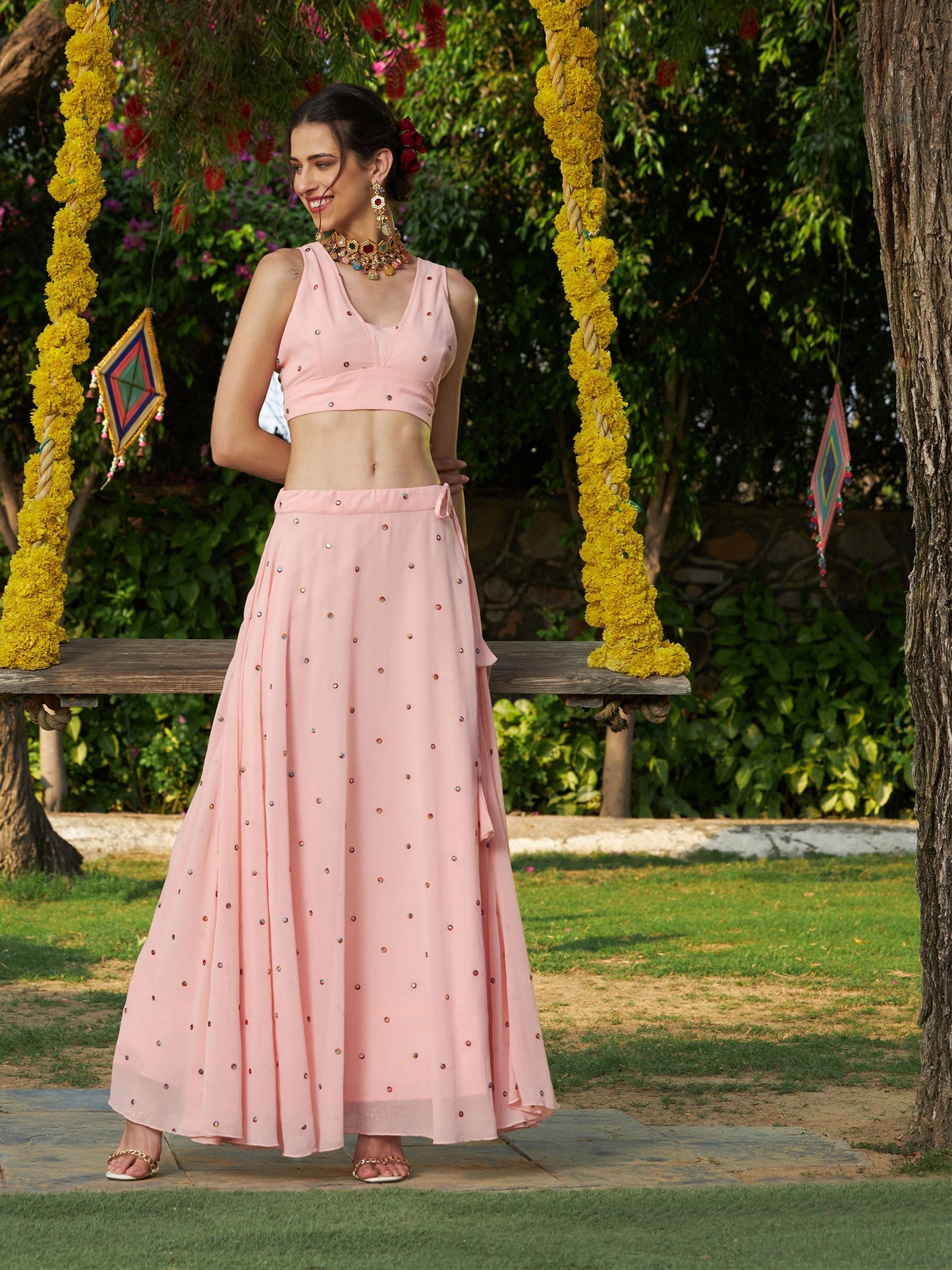 Pink Embroidered Crop Top With Bias Flared Skirt