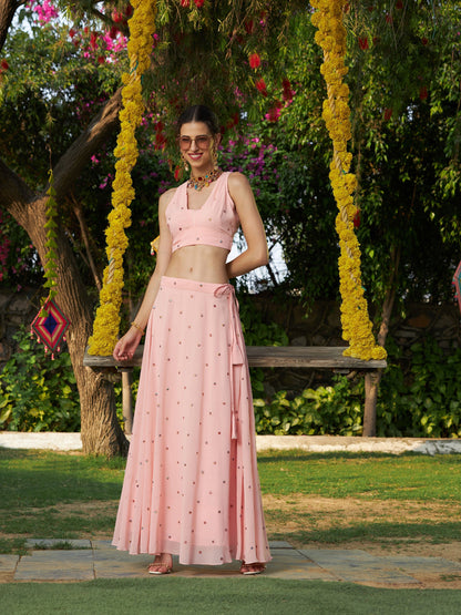 Pink Embroidered Crop Top With Bias Flared Skirt