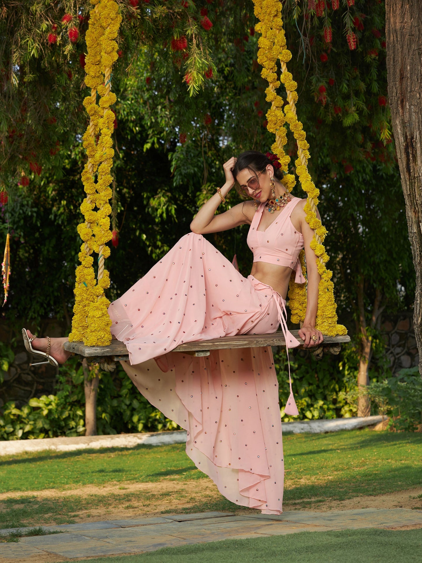 Pink Embroidered Crop Top With Bias Flared Skirt