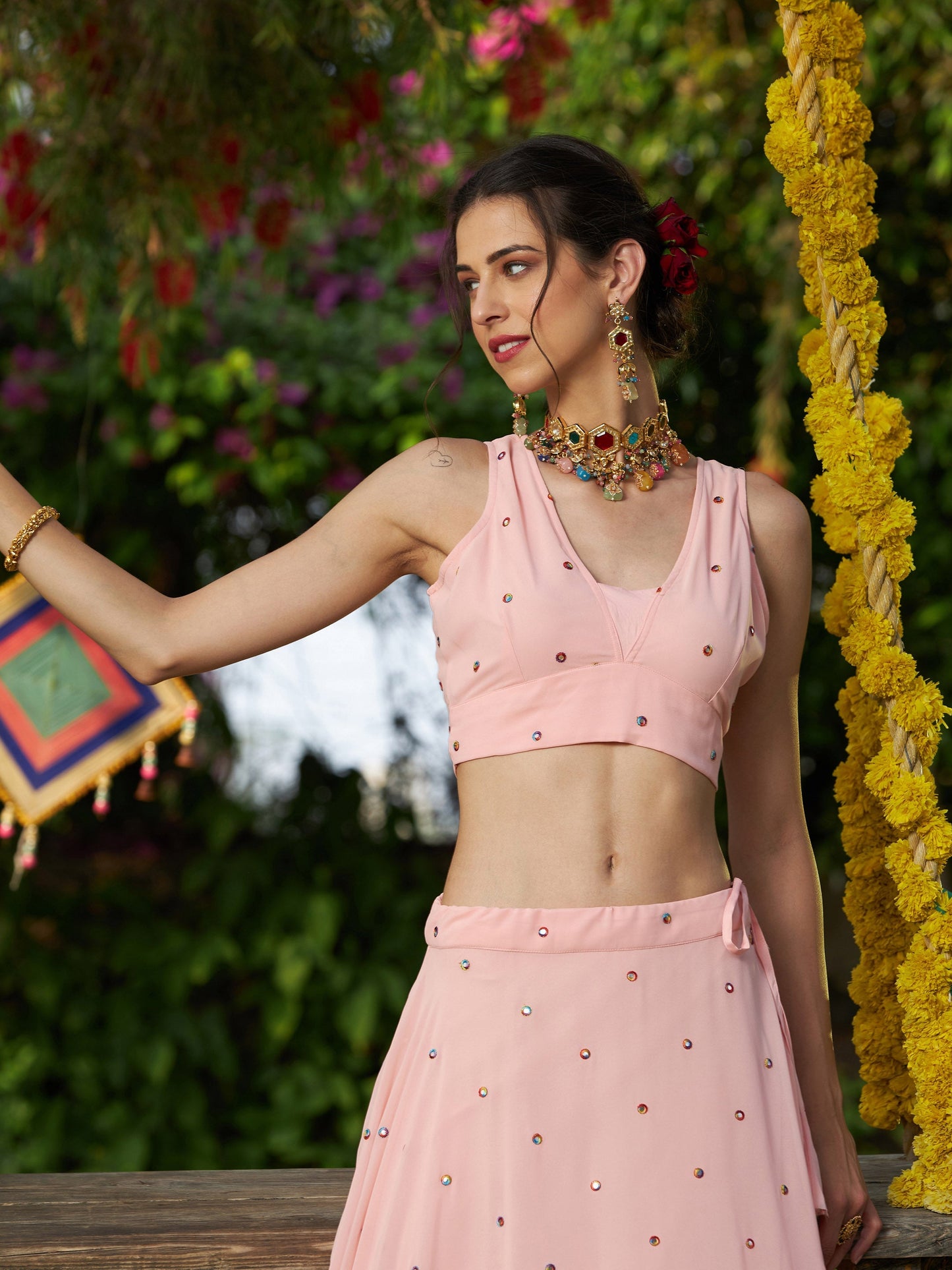 Pink Embroidered Crop Top With Bias Flared Skirt