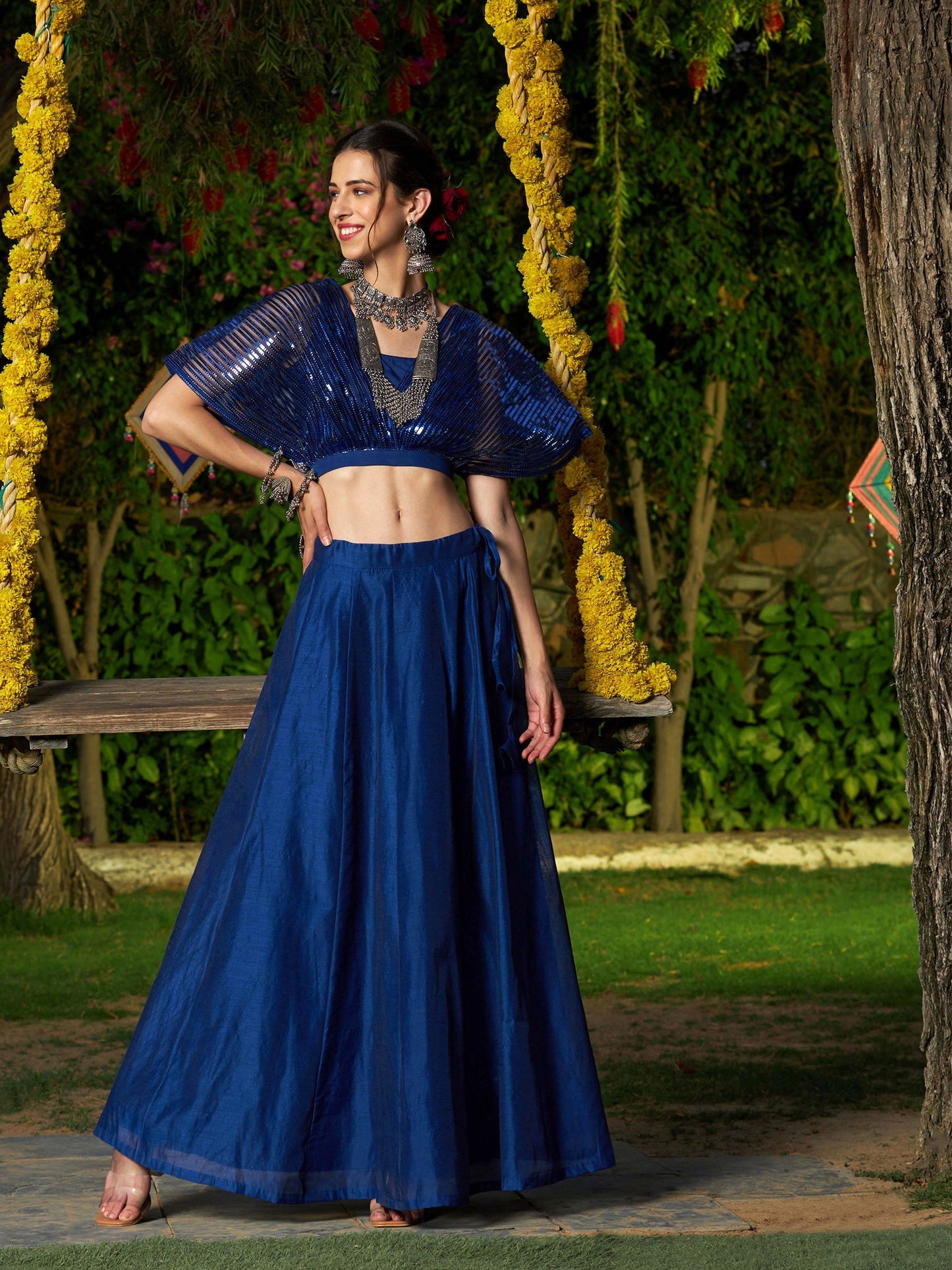 Blue Mesh Mettalic Detail Top with Chanderi Skirt
