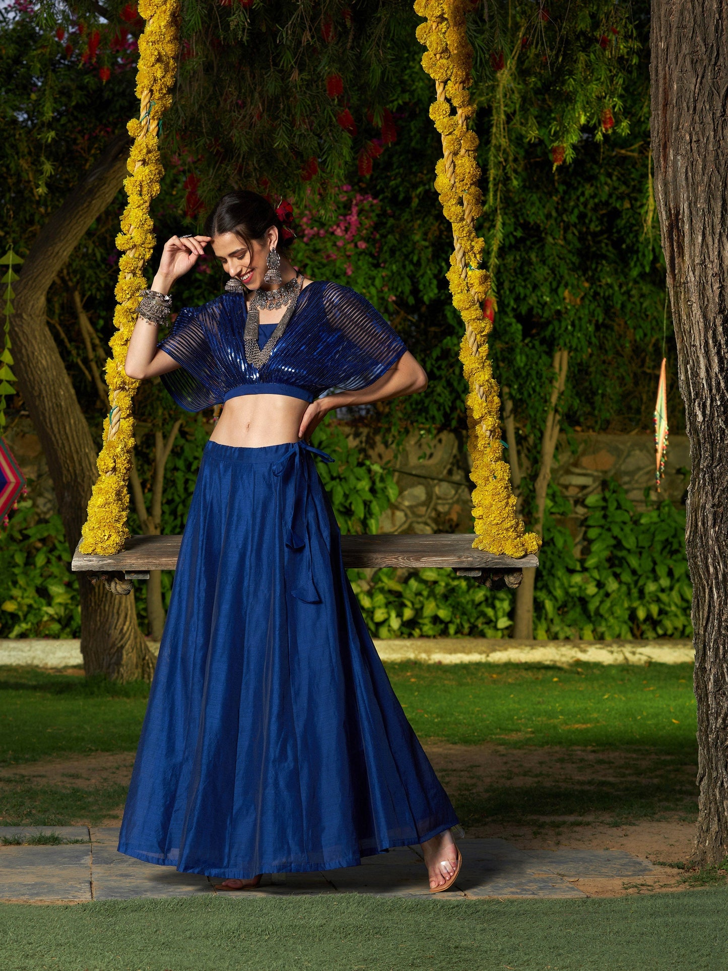 Blue Mesh Mettalic Detail Top with Chanderi Skirt