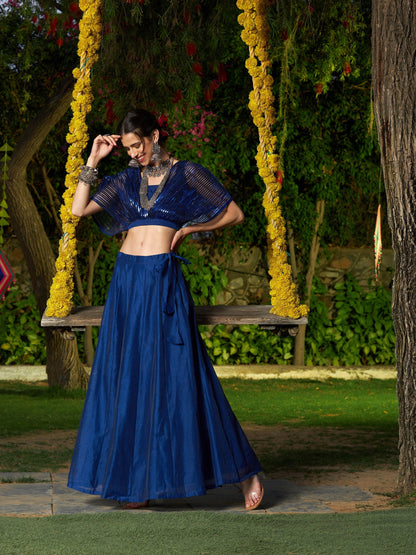 Blue Mesh Mettalic Detail Top with Chanderi Skirt