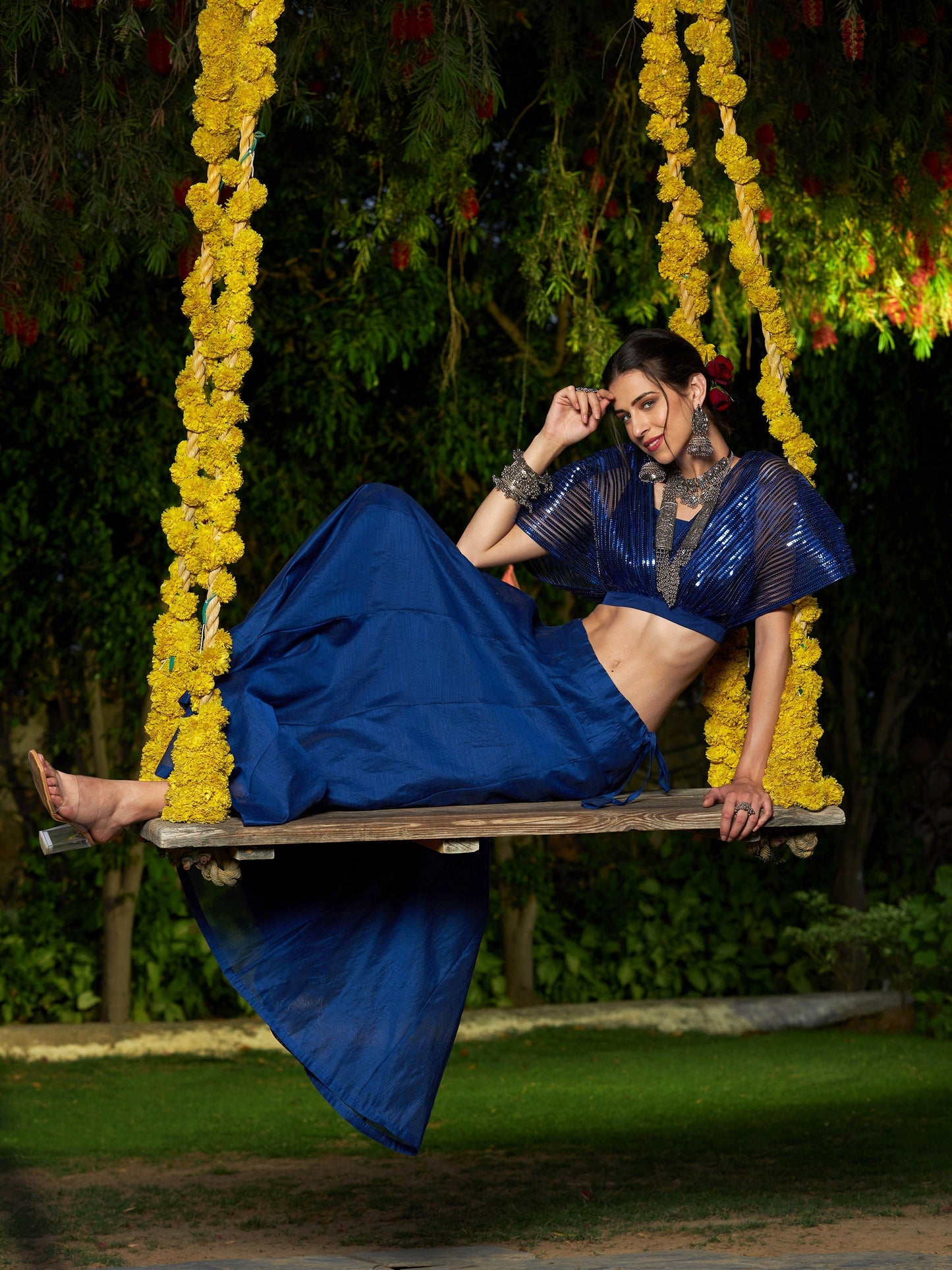 Blue Mesh Mettalic Detail Top with Chanderi Skirt