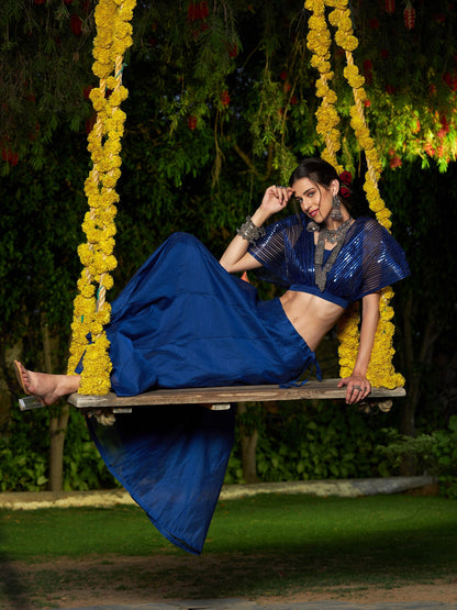 Blue Mesh Mettalic Detail Top with Chanderi Skirt