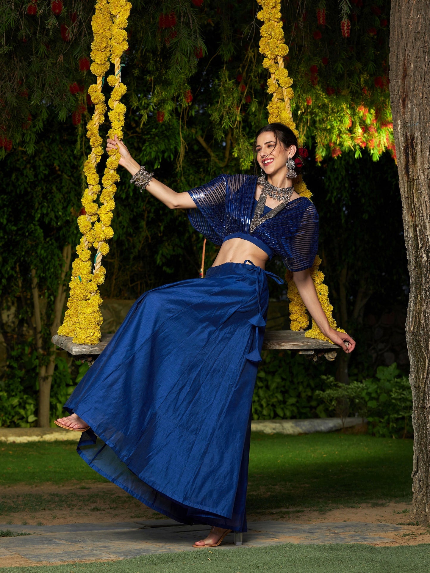 Blue Mesh Mettalic Detail Top with Chanderi Skirt