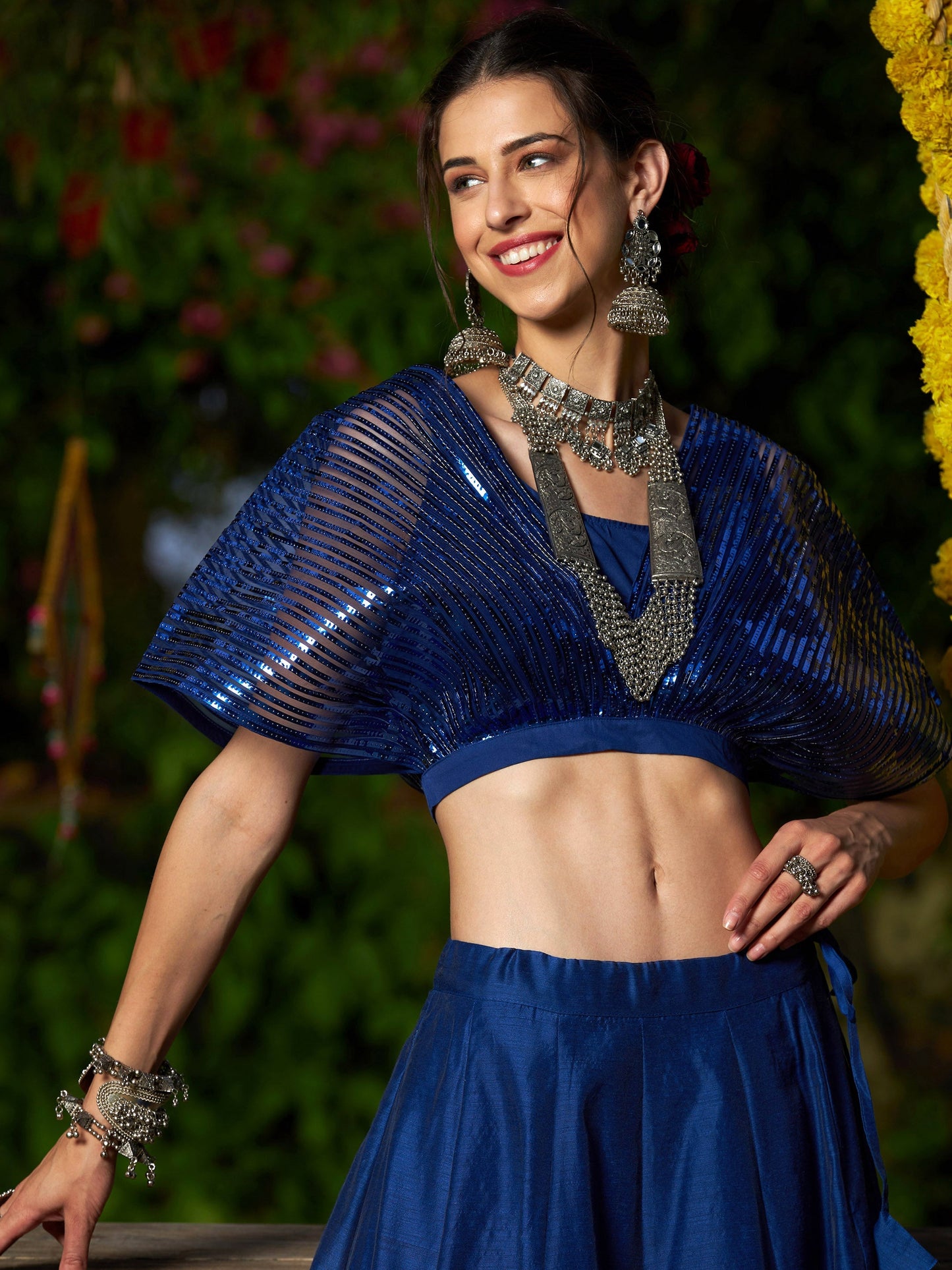 Blue Mesh Mettalic Detail Top with Chanderi Skirt