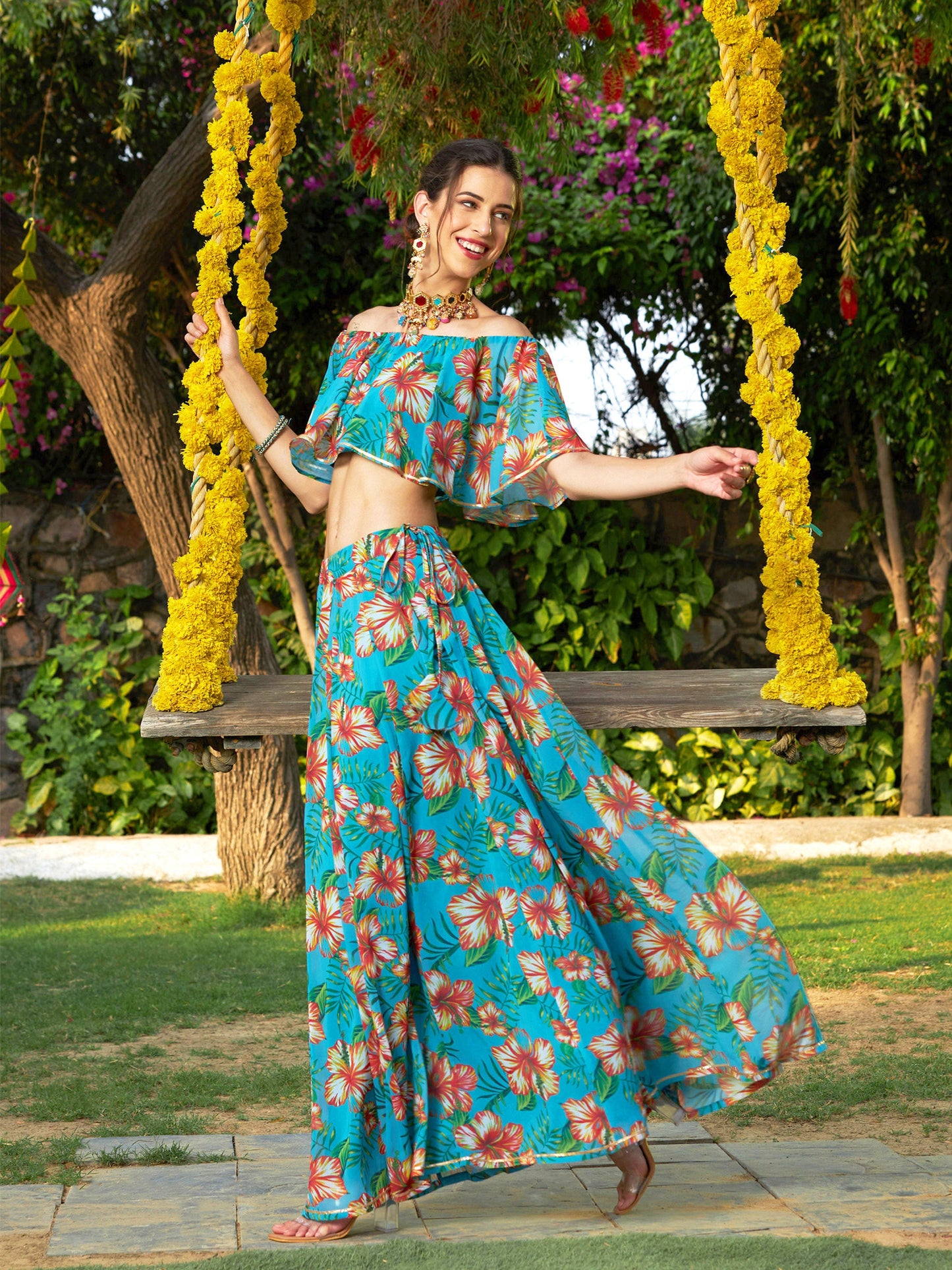 Teal Floral Off Shoulder Crop Top With Anarkali Skirt