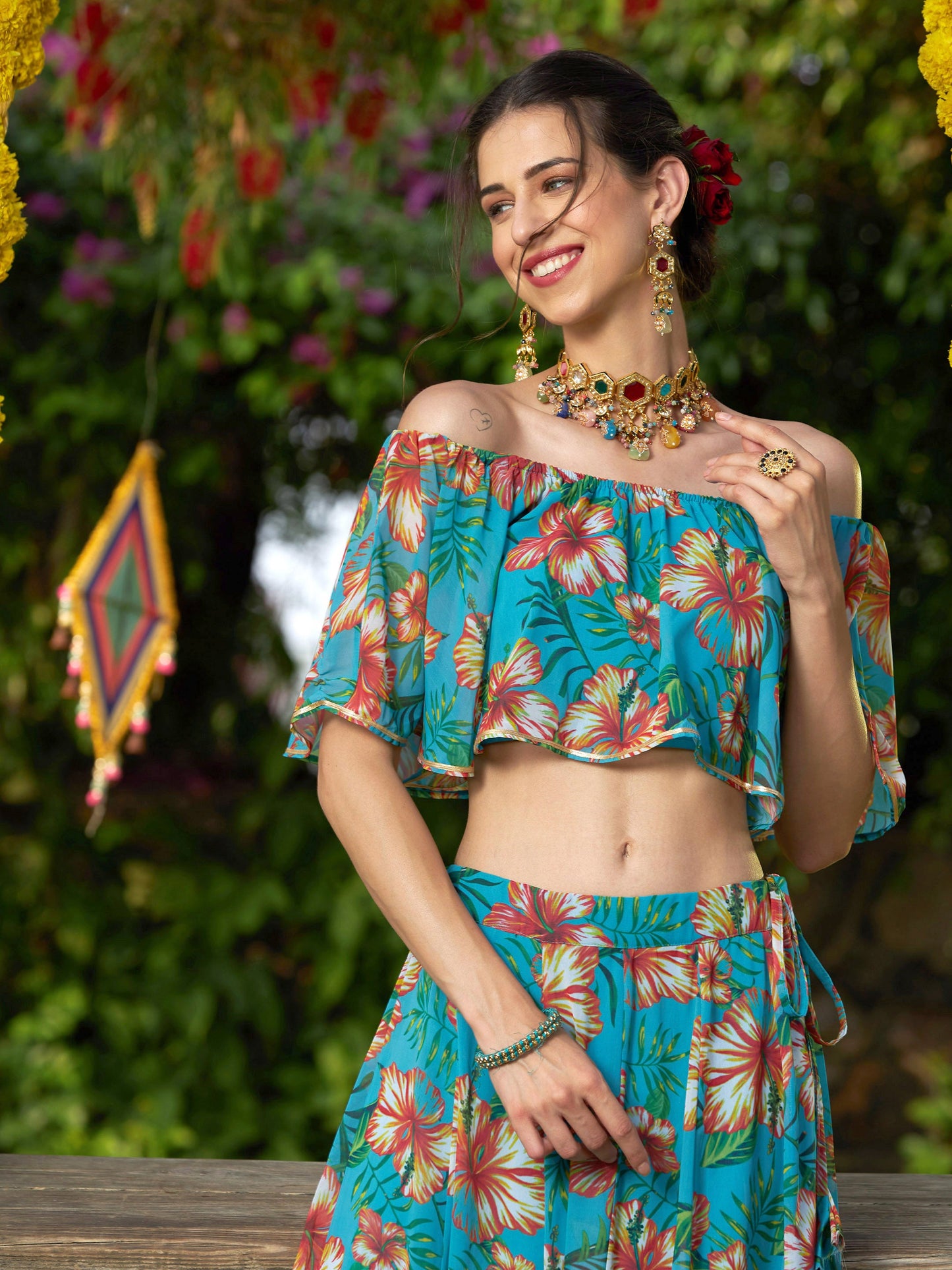 Teal Floral Off Shoulder Crop Top With Anarkali Skirt