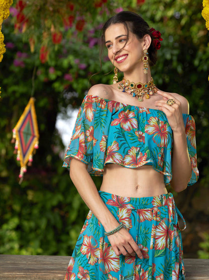 Teal Floral Off Shoulder Crop Top With Anarkali Skirt