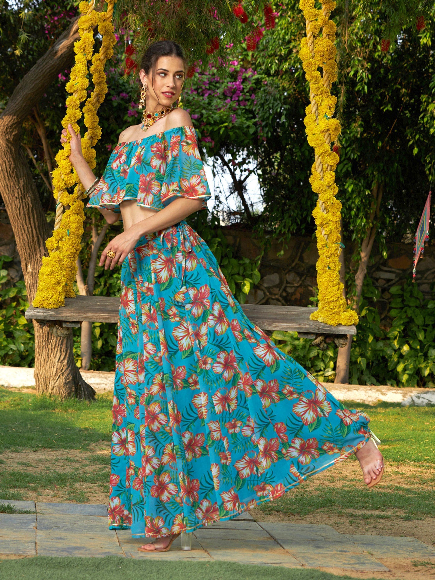 Teal Floral Off Shoulder Crop Top With Anarkali Skirt