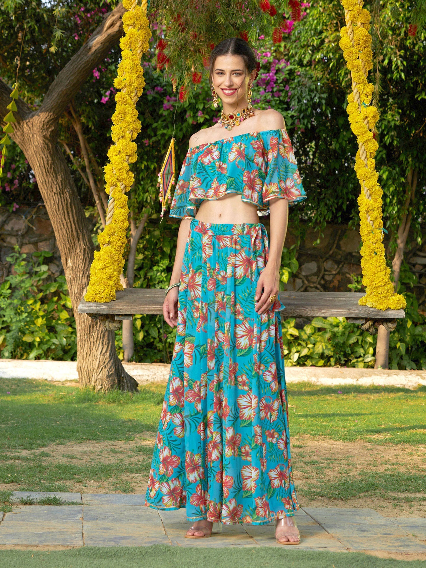 Teal Floral Off Shoulder Crop Top With Anarkali Skirt