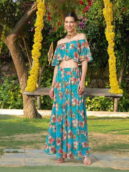 Teal Floral Off Shoulder Crop Top With Anarkali Skirt