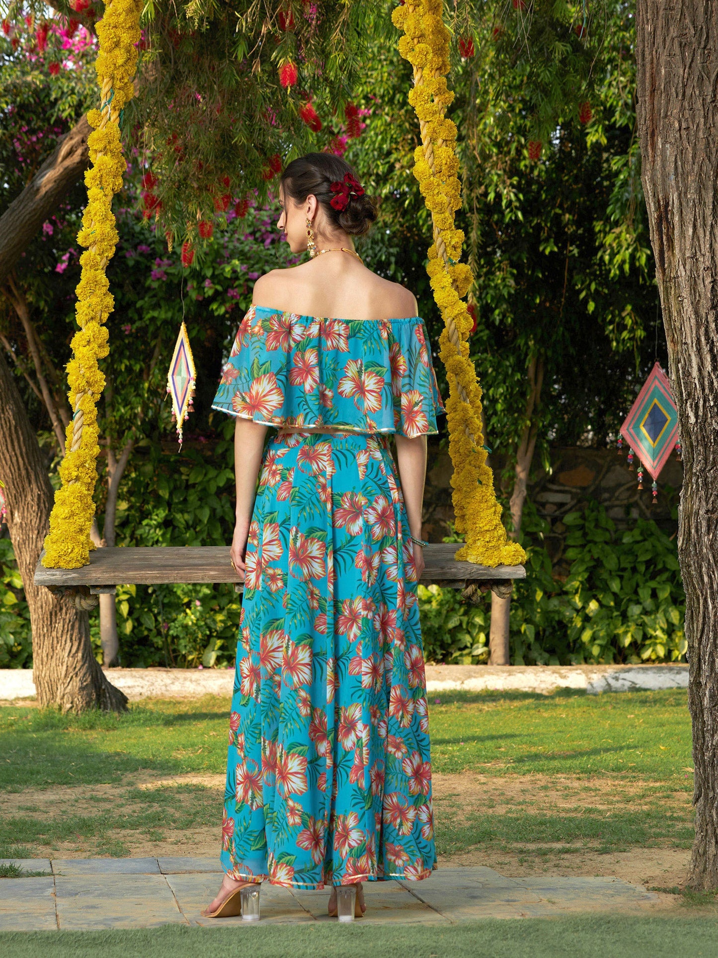 Teal Floral Off Shoulder Crop Top With Anarkali Skirt