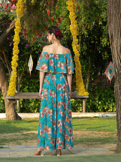 Teal Floral Off Shoulder Crop Top With Anarkali Skirt