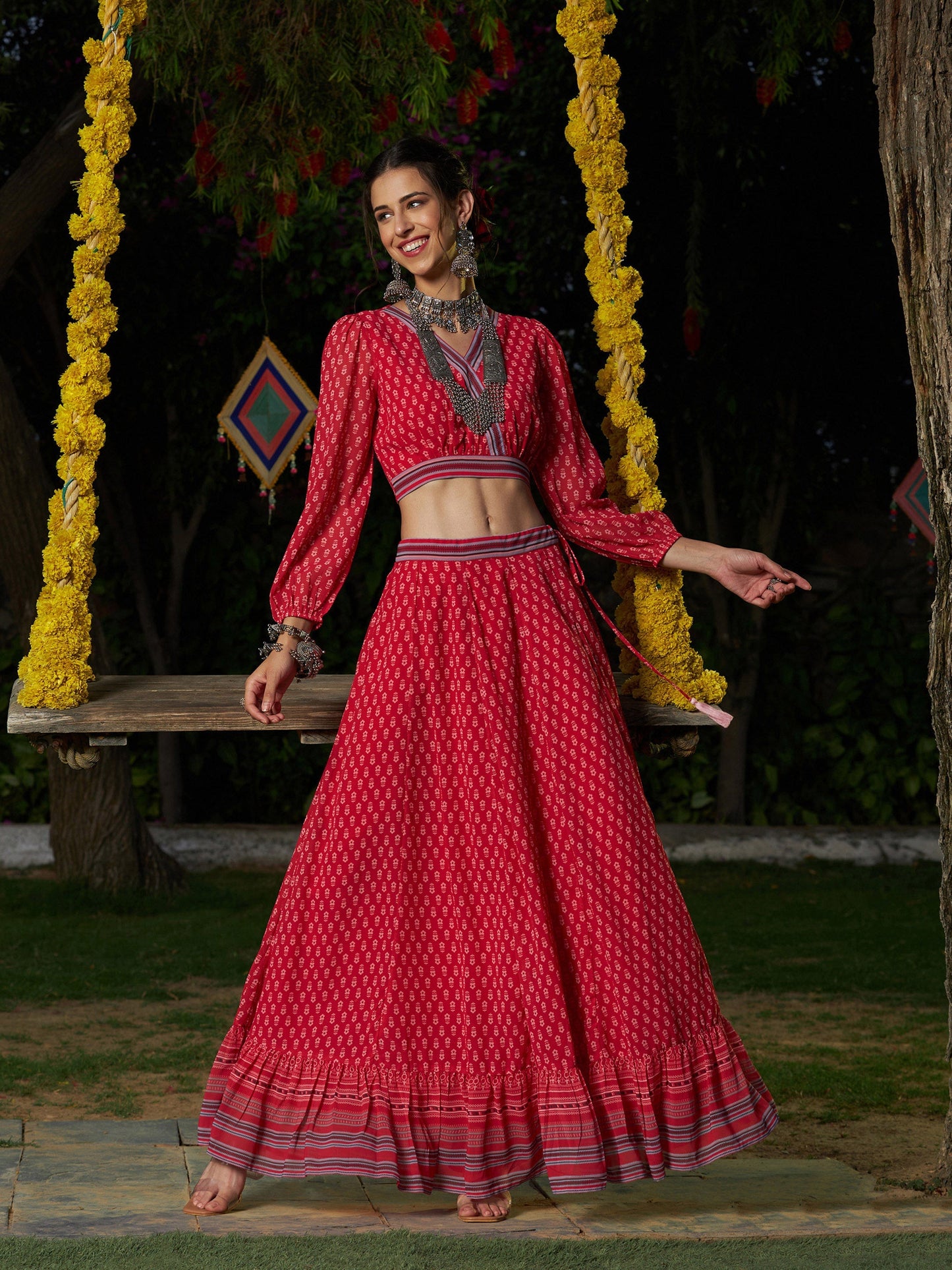 Red Floral Puff Sleeves Crop Top With Skirt