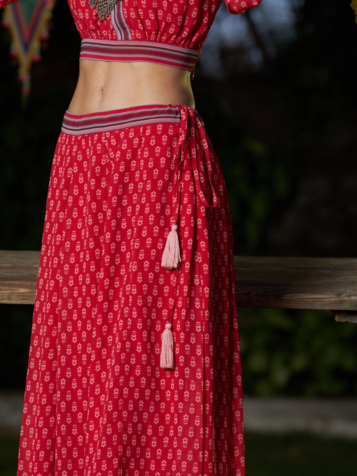 Red Floral Puff Sleeves Crop Top With Skirt