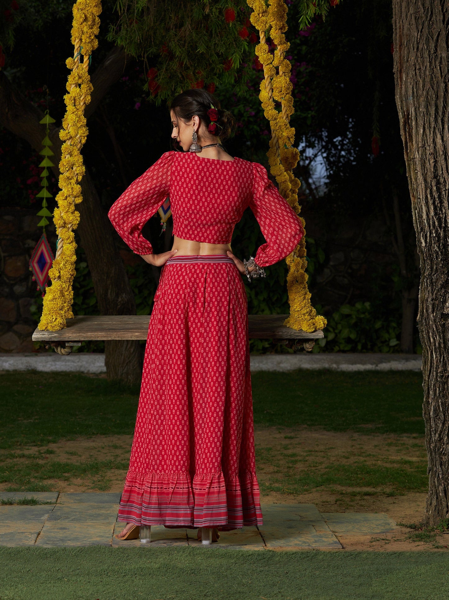 Red Floral Puff Sleeves Crop Top With Skirt