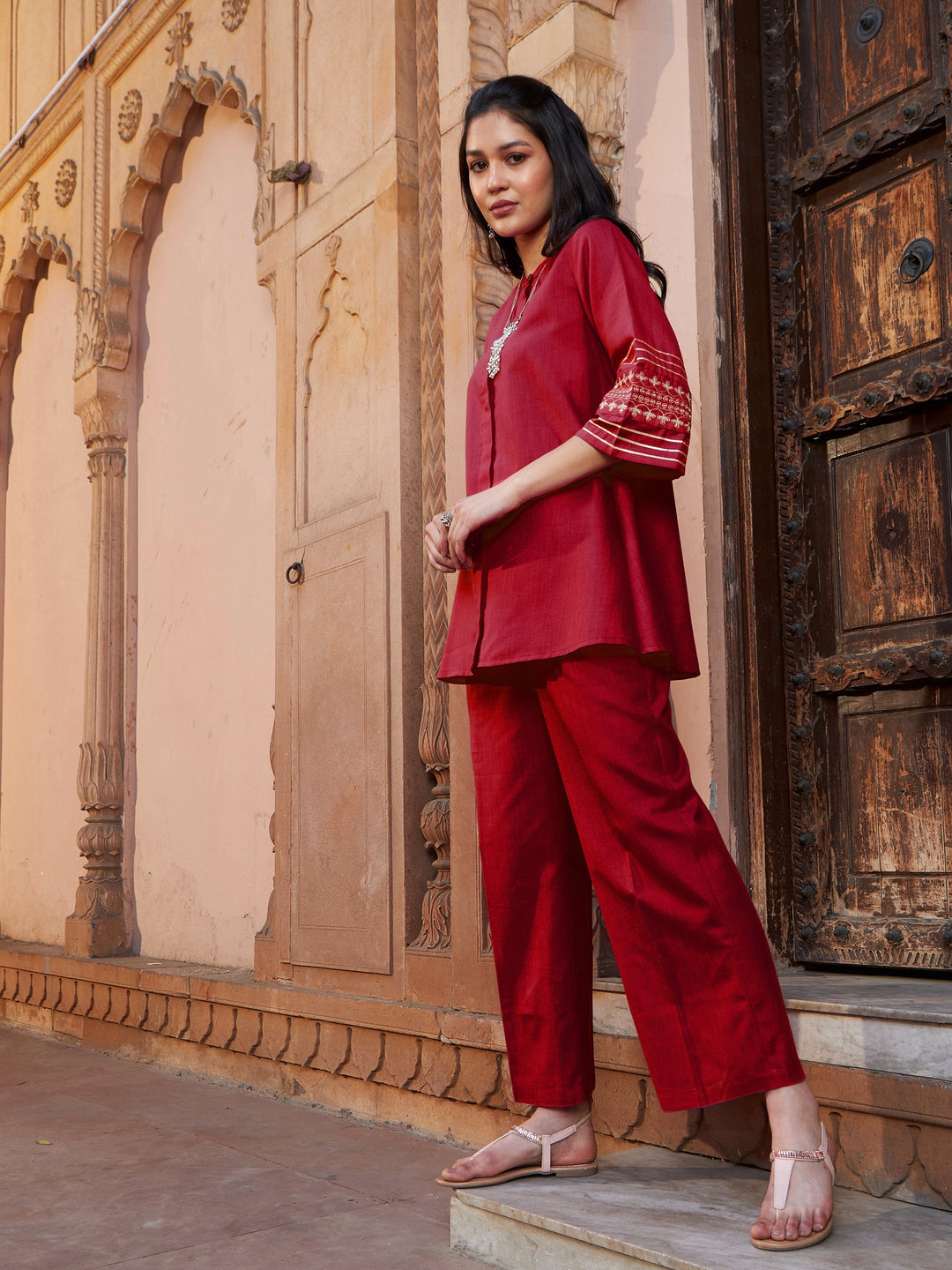 Women's Women Maroon Zari Embroidered Sleeve Top With Palazzos in Poly Viscose by Shae for wholesale, bulk, supplier, manufacturer and wholesaler buyers from Trendphoria