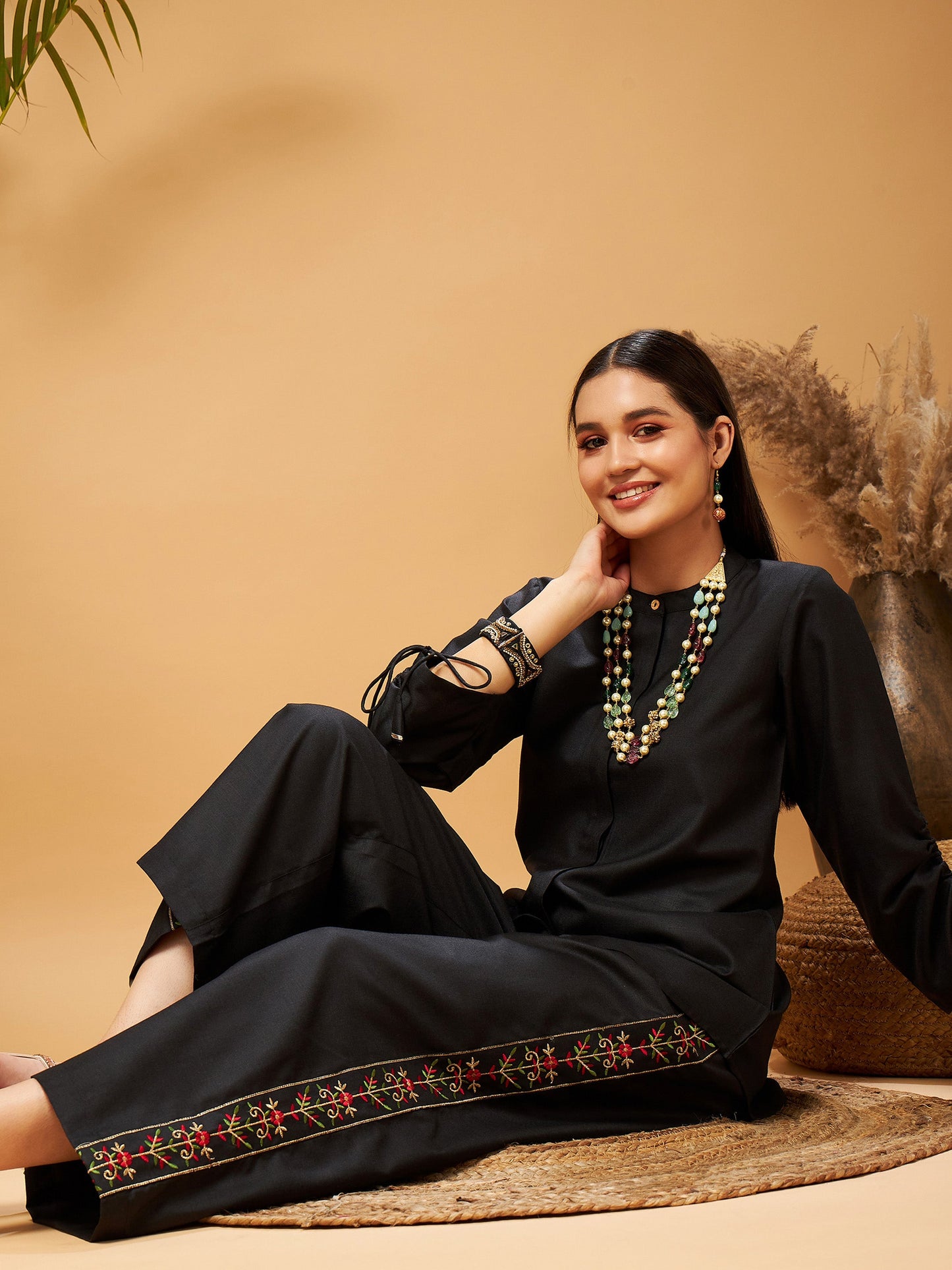 Black Ruched Sleeve Top With Embroidered Palazzos