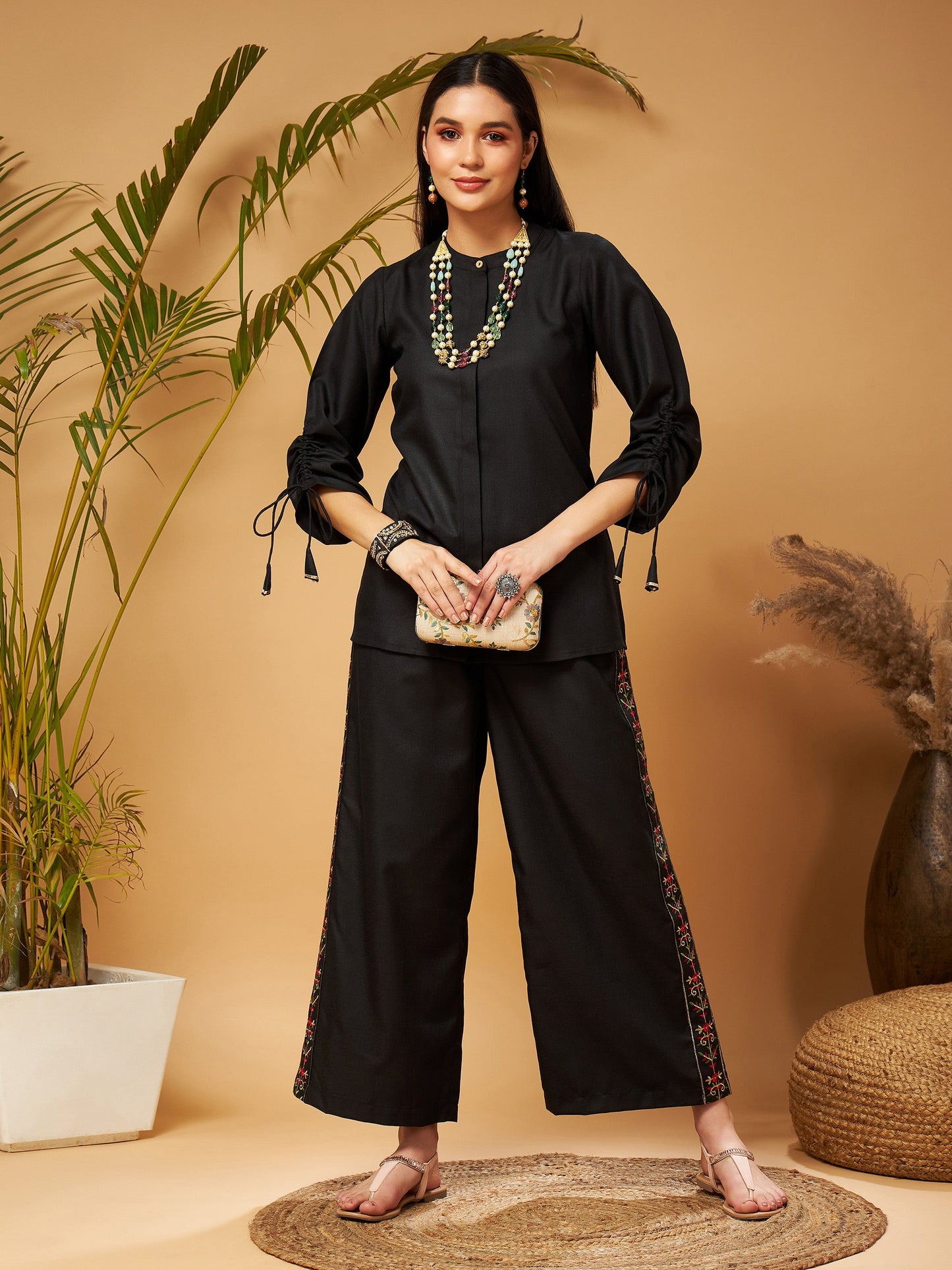 Black Ruched Sleeve Top With Embroidered Palazzos