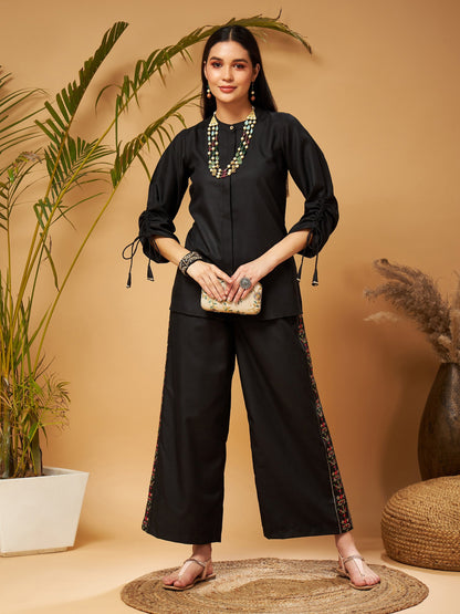 Black Ruched Sleeve Top With Embroidered Palazzos