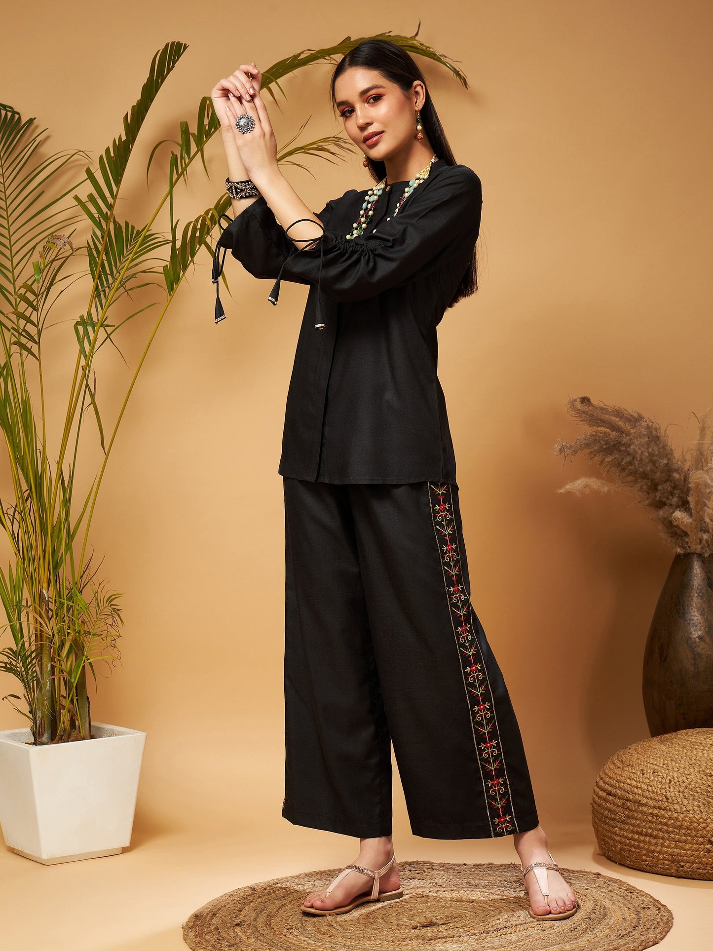Black Ruched Sleeve Top With Embroidered Palazzos