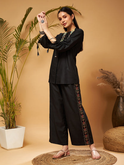 Black Ruched Sleeve Top With Embroidered Palazzos