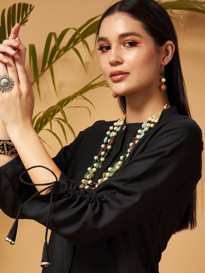 Black Ruched Sleeve Top With Embroidered Palazzos