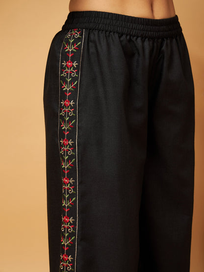 Black Ruched Sleeve Top With Embroidered Palazzos