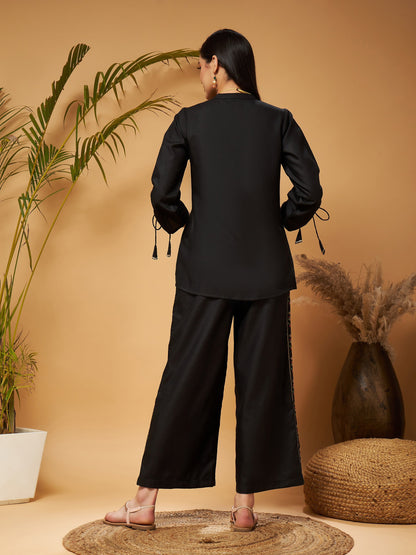 Black Ruched Sleeve Top With Embroidered Palazzos