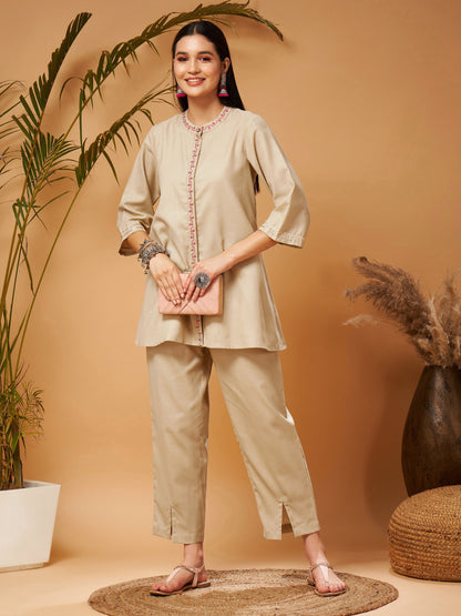 Beige Contrast Embroidered Top With Front Slit Pants