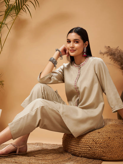 Beige Contrast Embroidered Top With Front Slit Pants