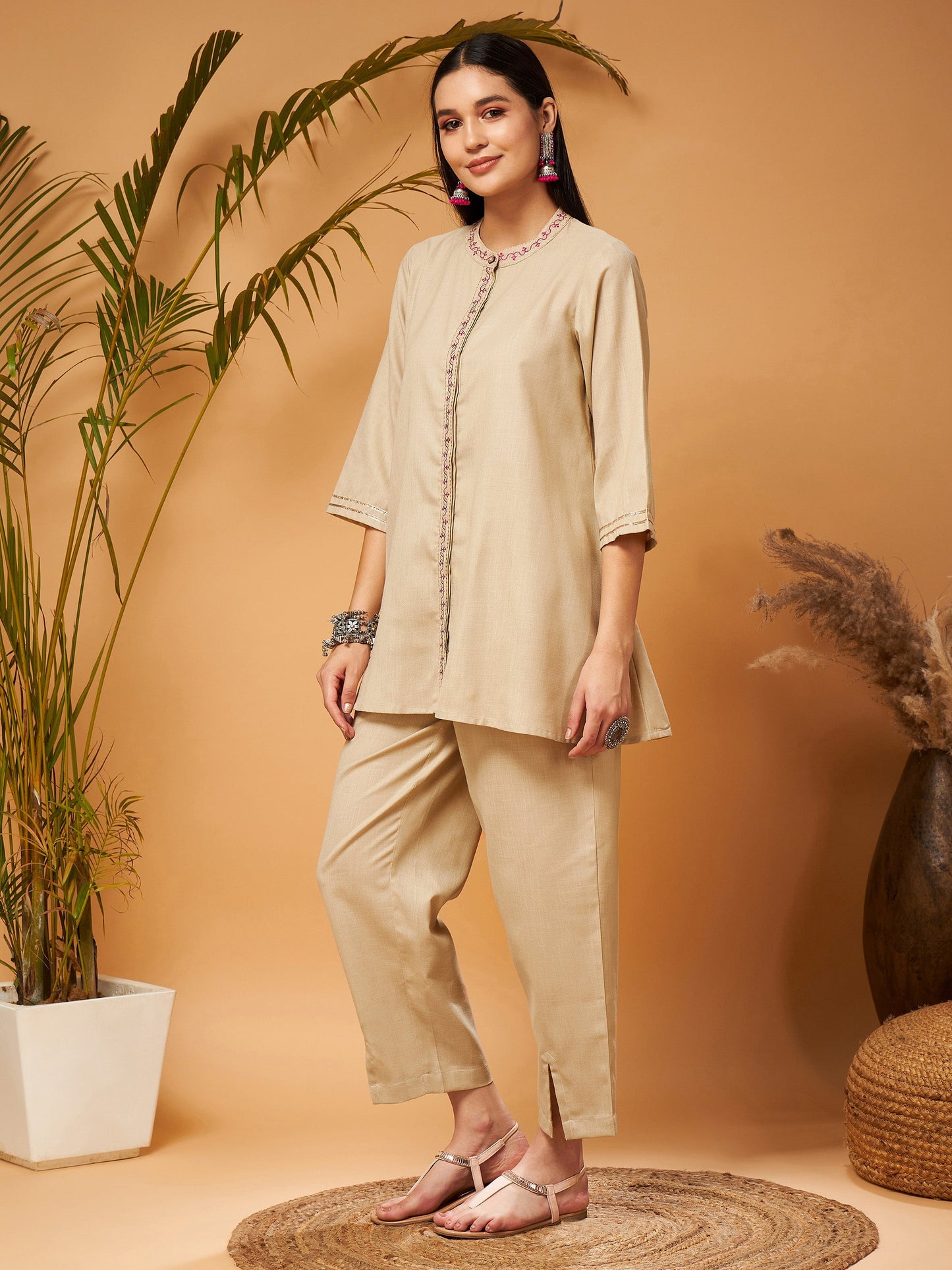 Beige Contrast Embroidered Top With Front Slit Pants