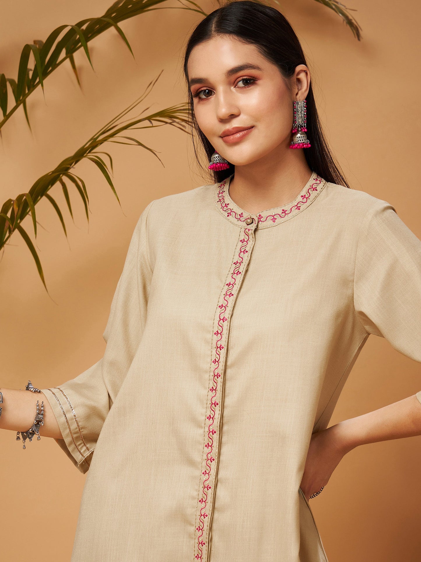 Beige Contrast Embroidered Top With Front Slit Pants