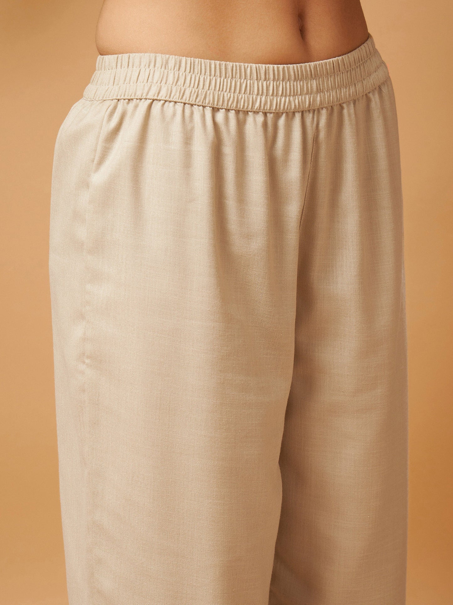 Beige Contrast Embroidered Top With Front Slit Pants
