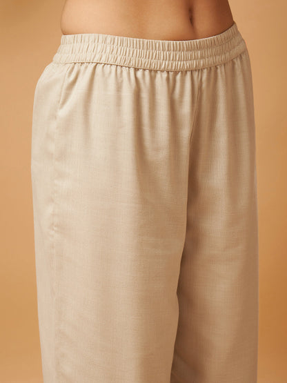 Beige Contrast Embroidered Top With Front Slit Pants