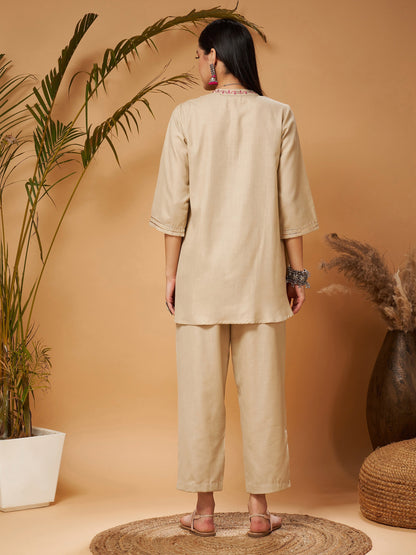 Beige Contrast Embroidered Top With Front Slit Pants