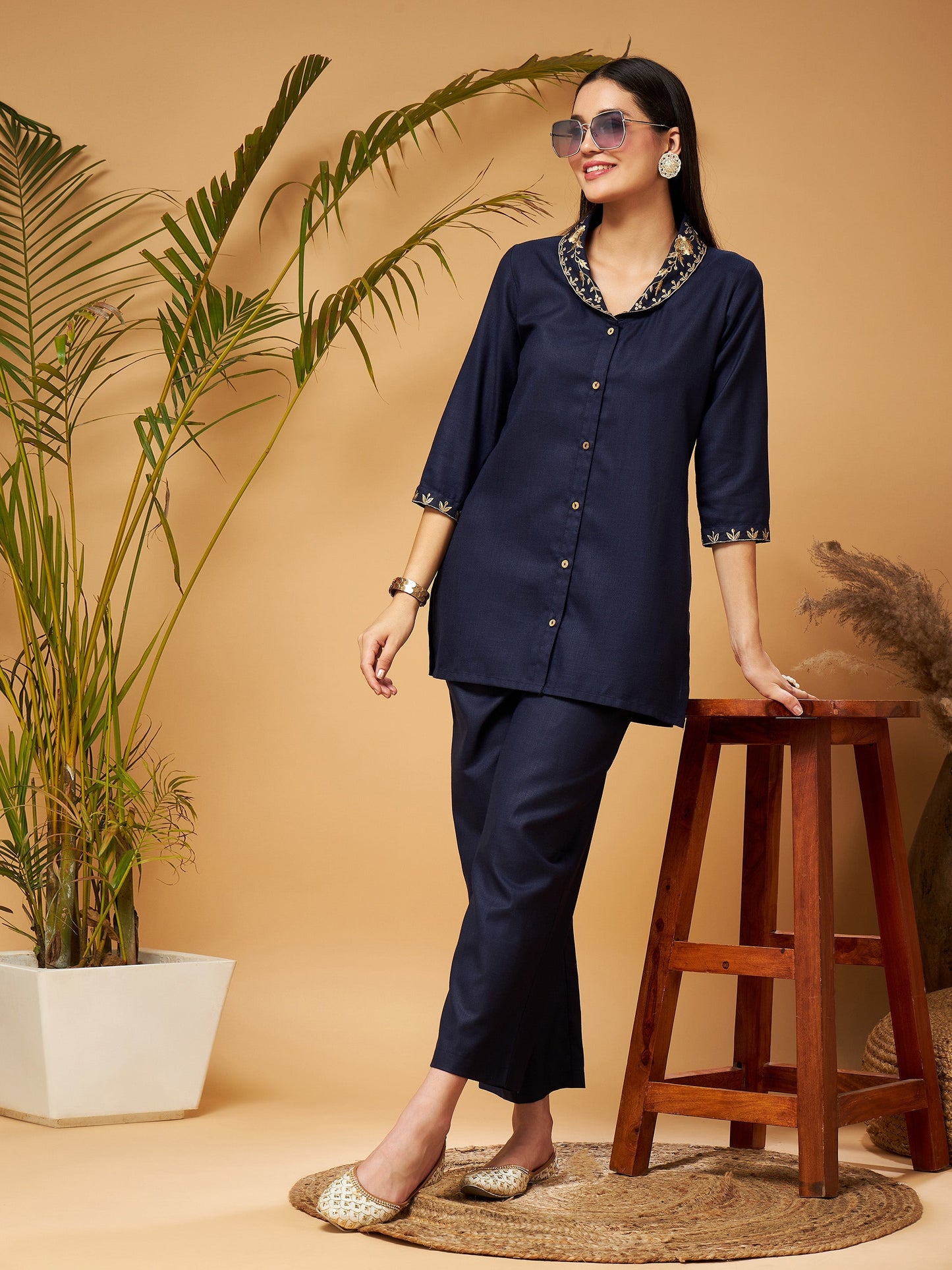 Navy Zari Embroidered Shawl Collar Top With Palazzos-Shae by SASSAFRAS