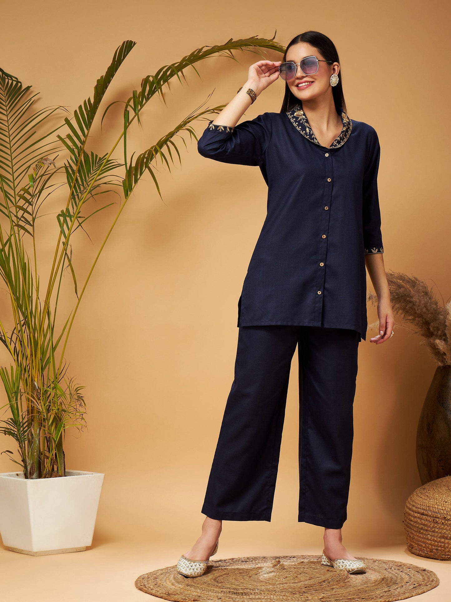 Navy Zari Embroidered Shawl Collar Top With Palazzos-Shae by SASSAFRAS
