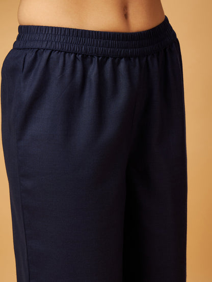 Navy Zari Embroidered Shawl Collar Top With Palazzos-Shae by SASSAFRAS