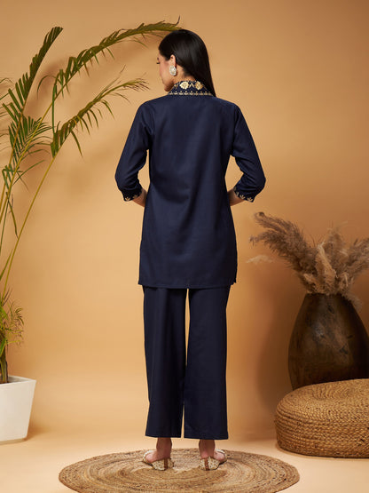 Navy Zari Embroidered Shawl Collar Top With Palazzos-Shae by SASSAFRAS