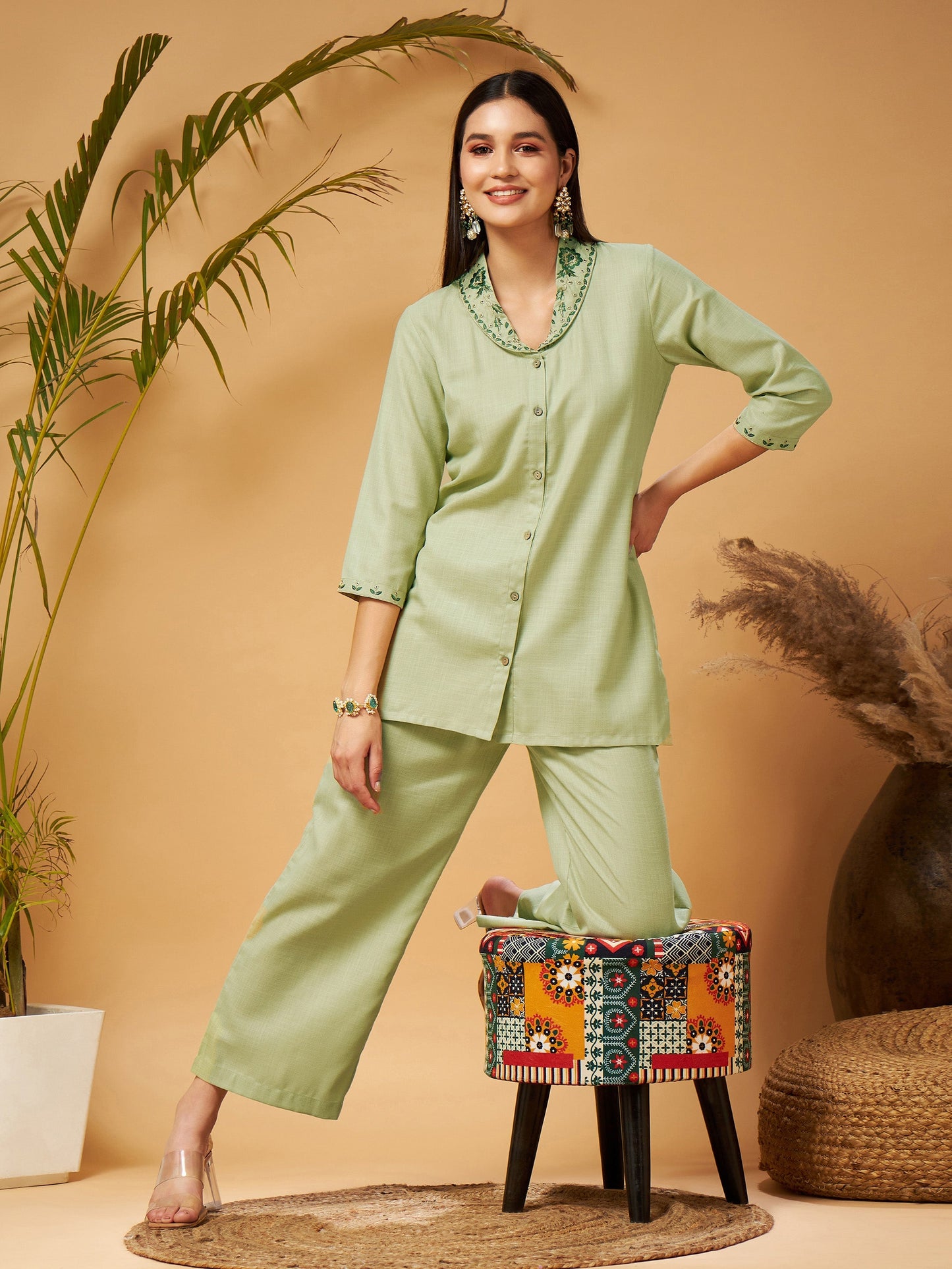 Olive Zari Embroidered Shawl Collar Top With Palazzos