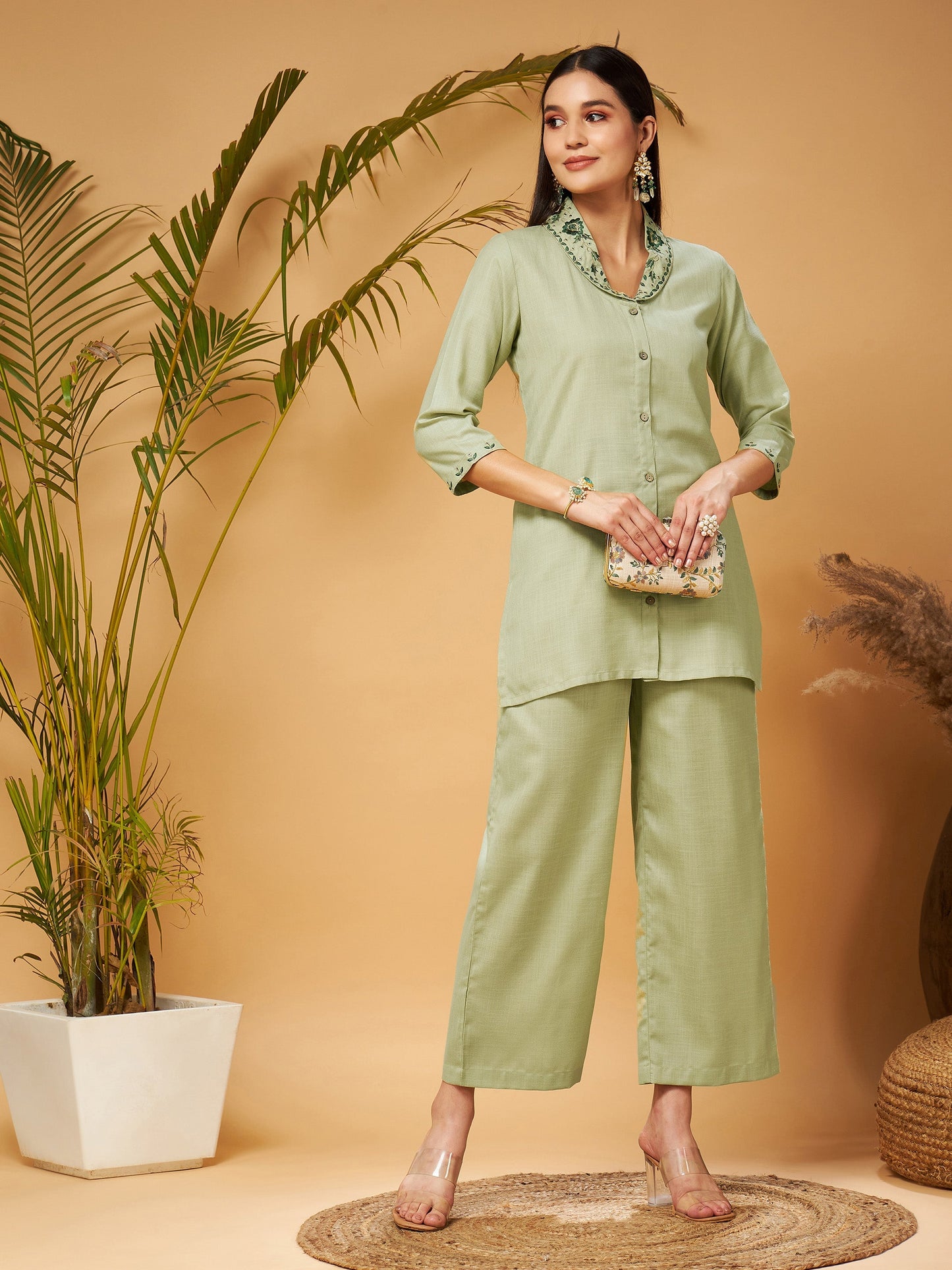 Olive Zari Embroidered Shawl Collar Top With Palazzos