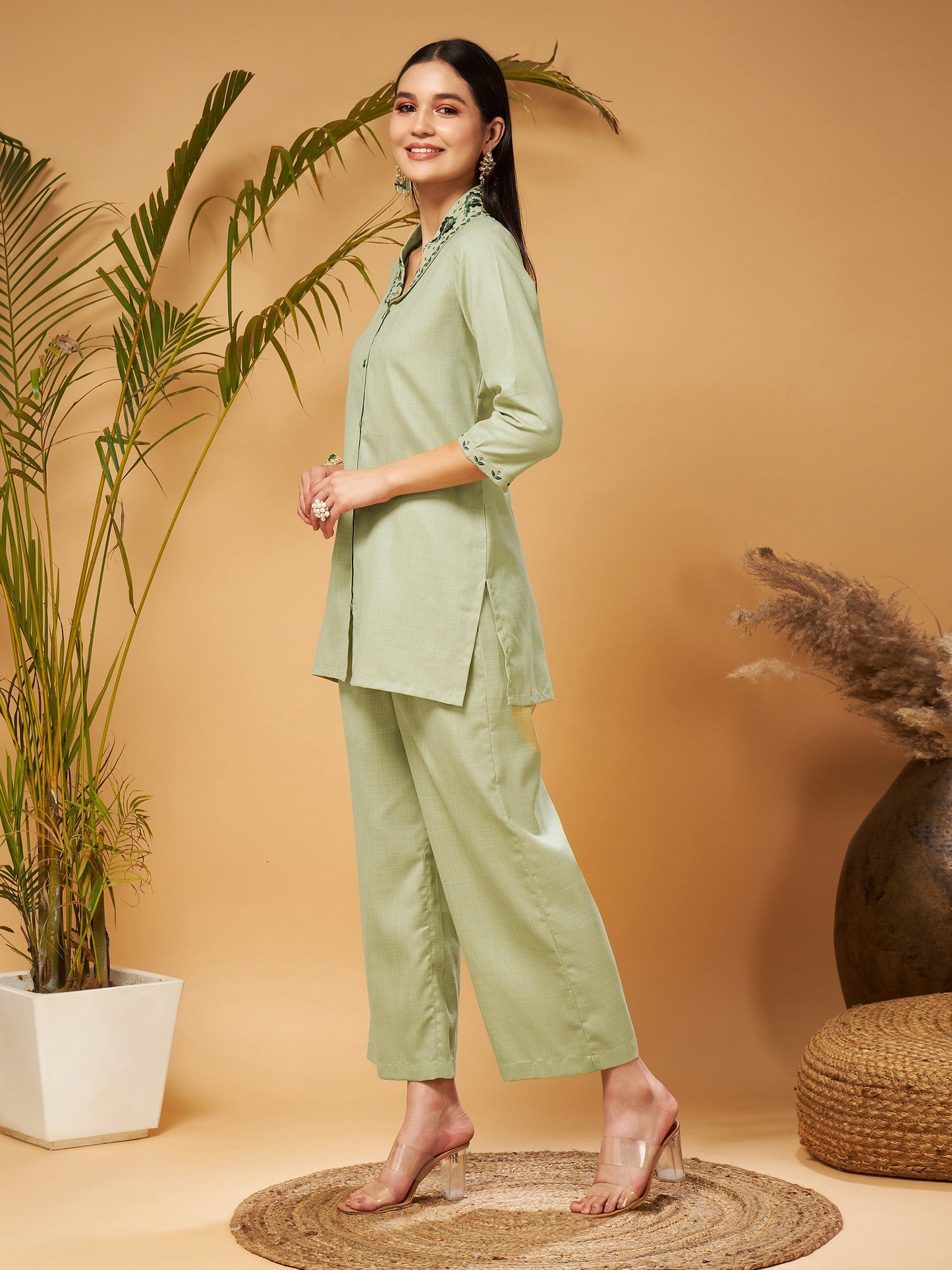 Olive Zari Embroidered Shawl Collar Top With Palazzos