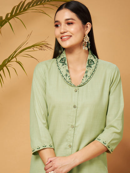 Olive Zari Embroidered Shawl Collar Top With Palazzos