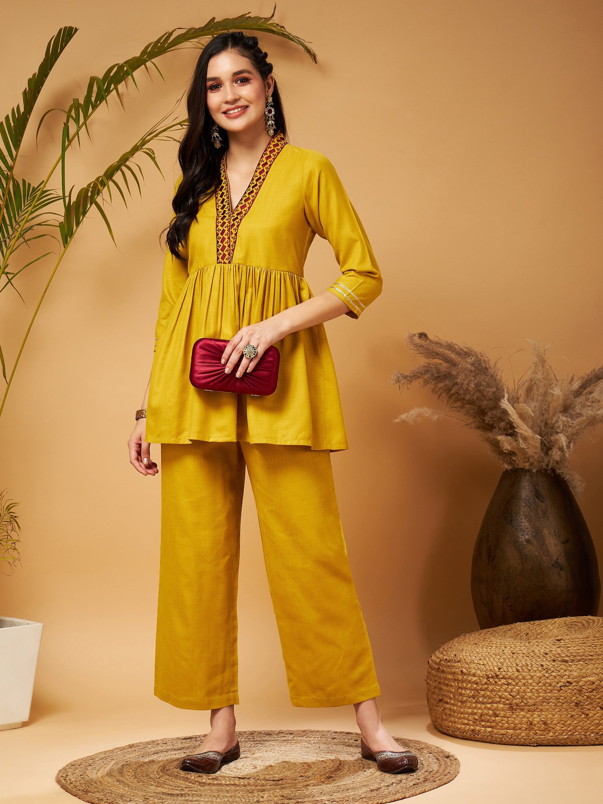 Women's Women Mustard Embroidered Gathered Top With Palazzos in Poly Viscose by Shae for wholesale, bulk, supplier, manufacturer and wholesaler buyers from Trendphoria