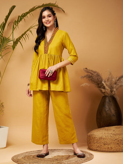 Women's Women Mustard Embroidered Gathered Top With Palazzos in Poly Viscose by Shae for wholesale, bulk, supplier, manufacturer and wholesaler buyers from Trendphoria